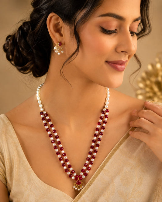 Ruby Red Pearl Necklace Set